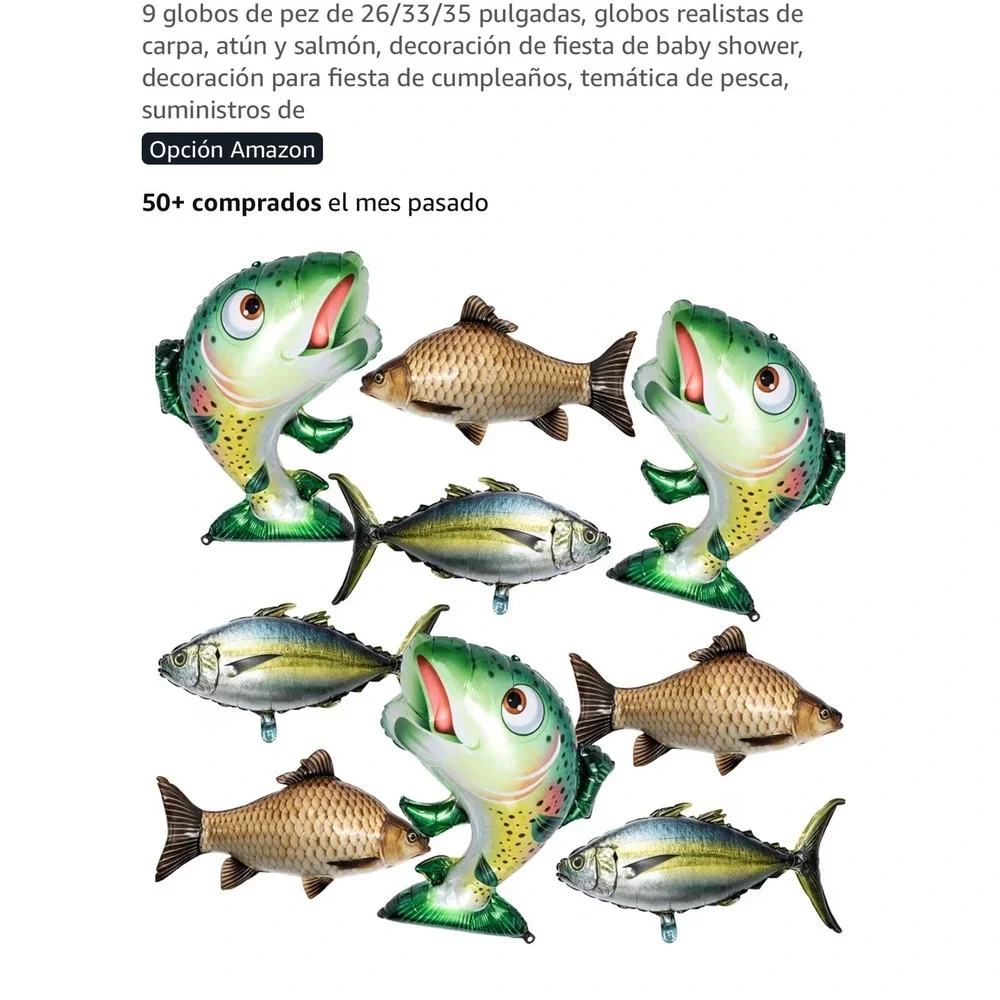 9 Pc Realistic Fish Balloon Set 26-35 Inch Foil Carp Tuna Salmon Fishing Decor